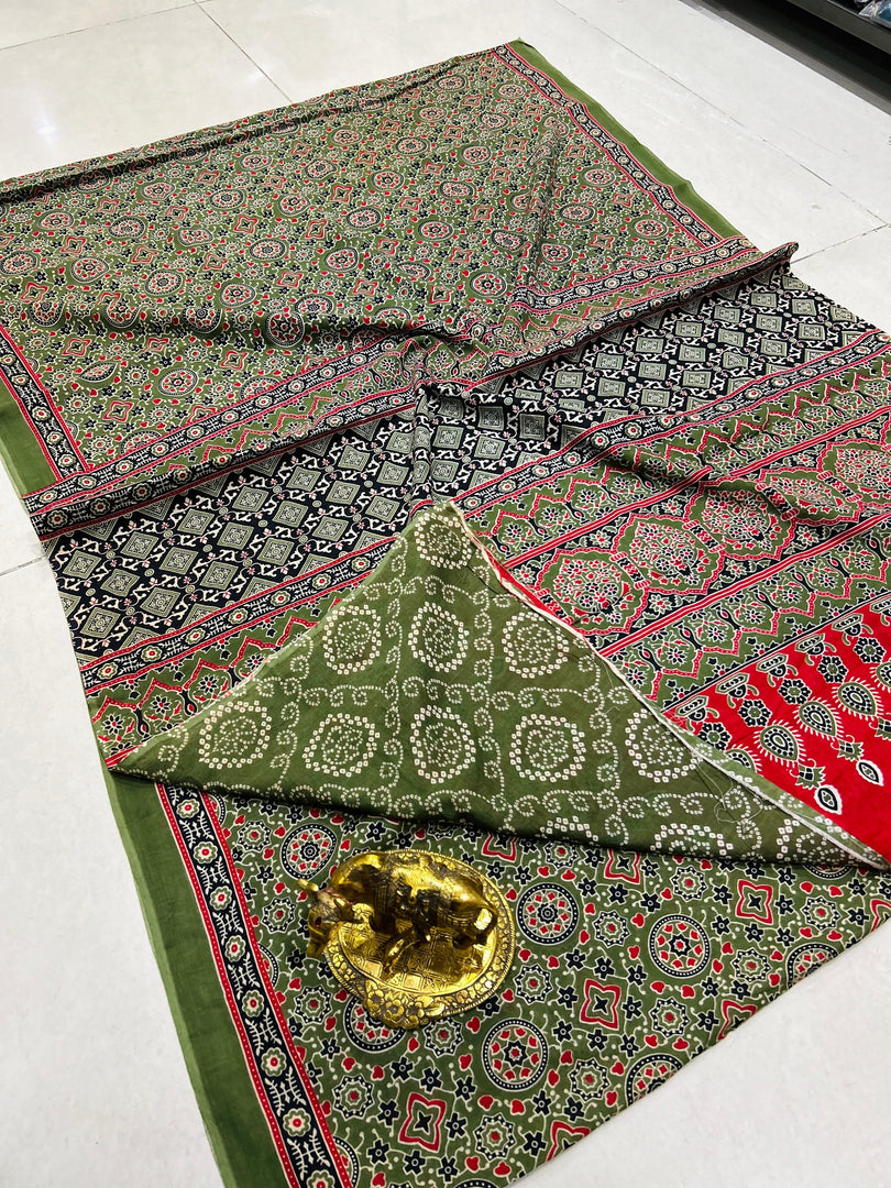 Ajrak Printed Cotton Mulmul Saree with Blouse Piece - Ethnic Indian Wear