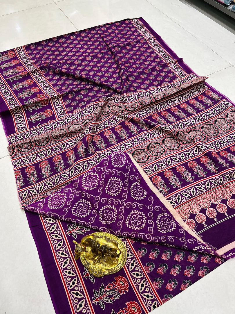 Ajrak Printed Cotton Mulmul Saree with Blouse Piece - Ethnic Indian Wear