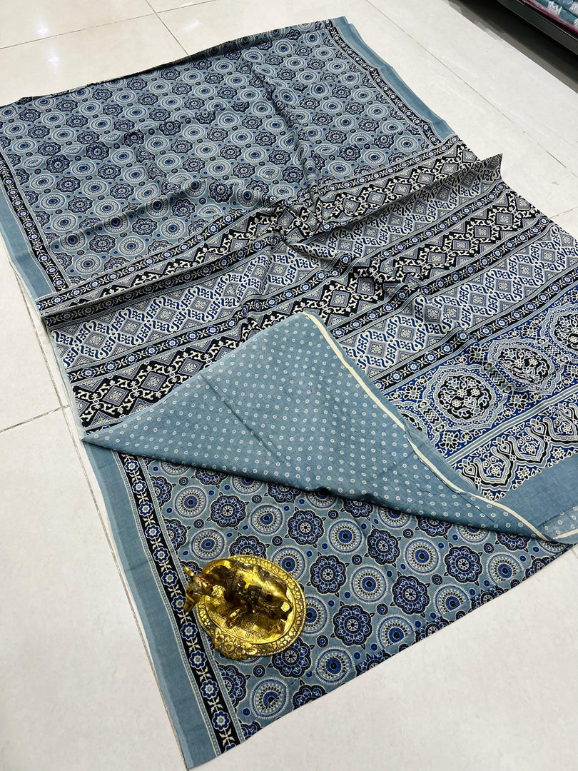 Ajrak Printed Cotton Mulmul Saree with Blouse Piece - Ethnic Indian Wear