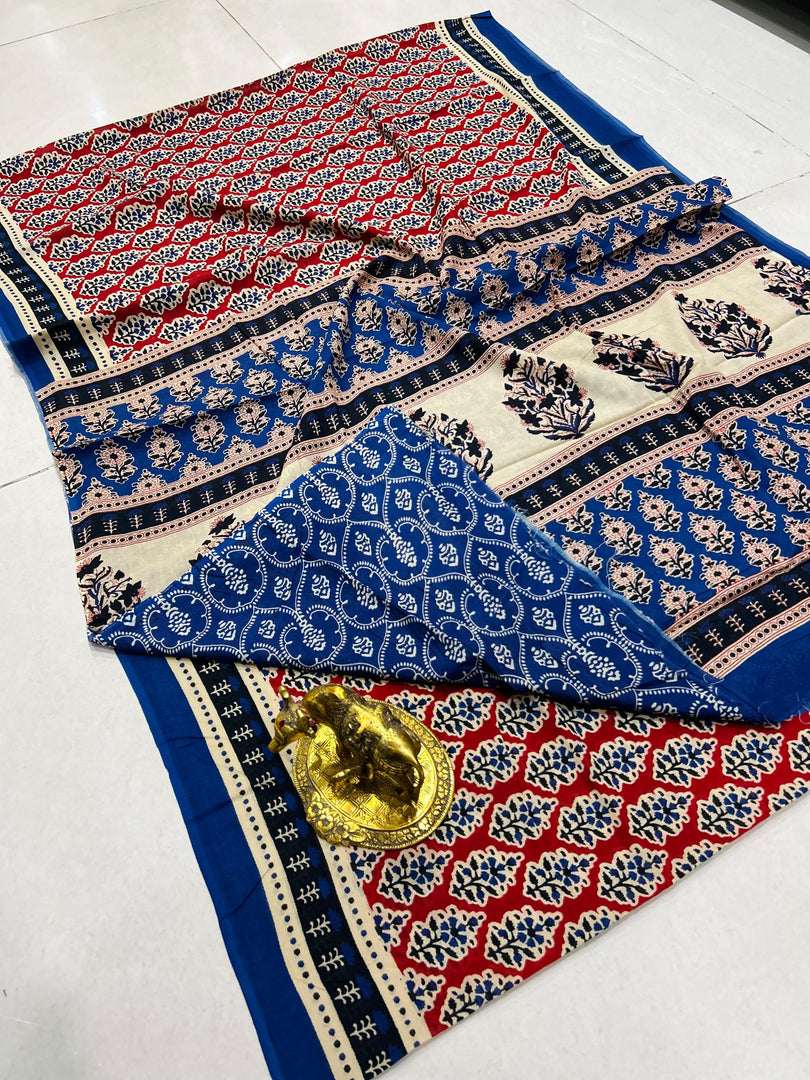 Ajrak Printed Cotton Mulmul Saree with Blouse Piece - Ethnic Indian Wear
