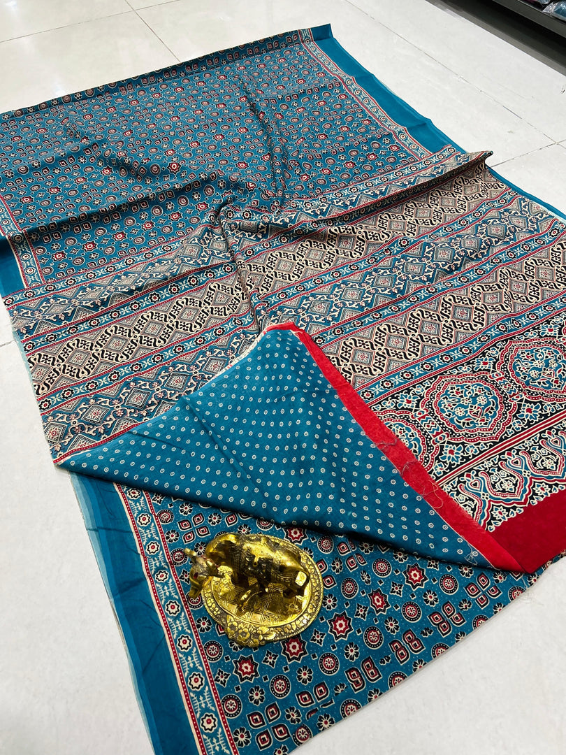 Ajrak Printed Cotton Mulmul Saree with Blouse Piece - Ethnic Indian Wear