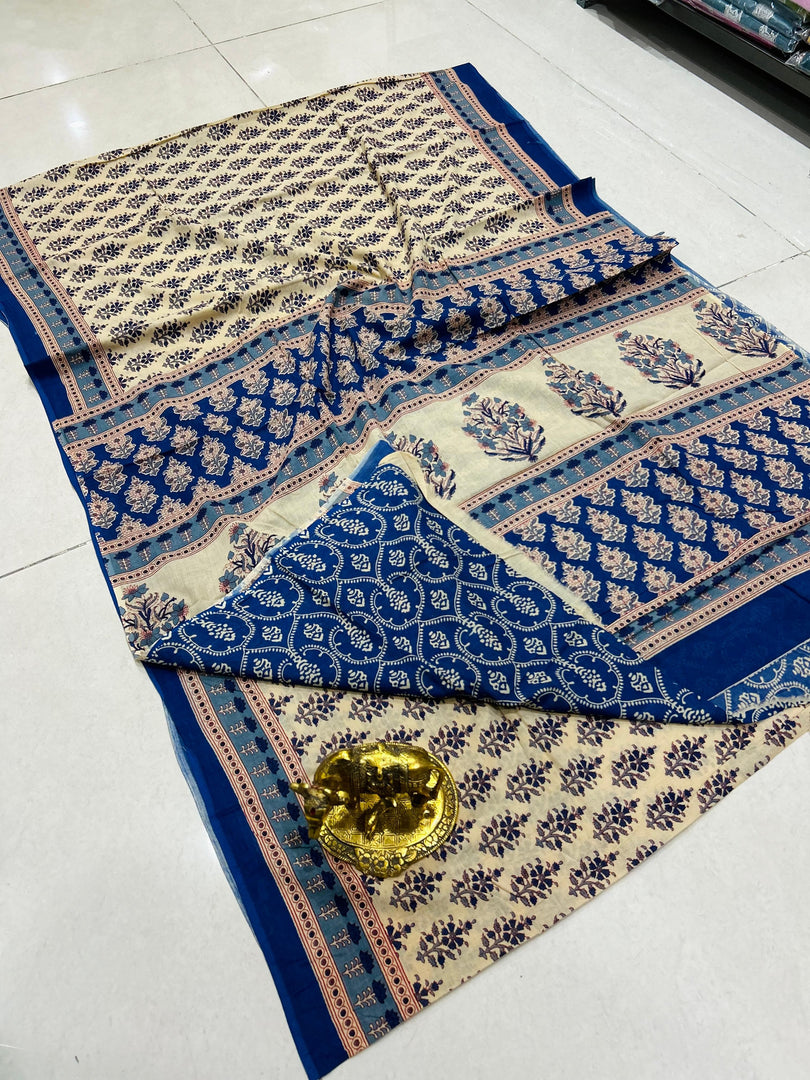 Ajrak Printed Cotton Mulmul Saree with Blouse Piece - Ethnic Indian Wear