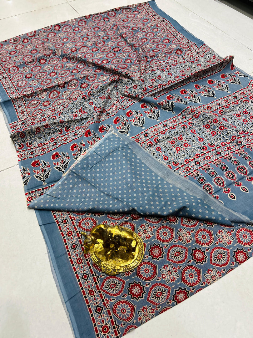 Ajrak Printed Cotton Mulmul Saree with Blouse Piece - Ethnic Indian Wear