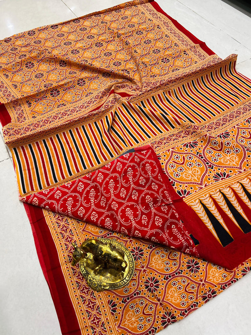 Ajrak Printed Cotton Mulmul Saree with Blouse Piece - Ethnic Indian Wear