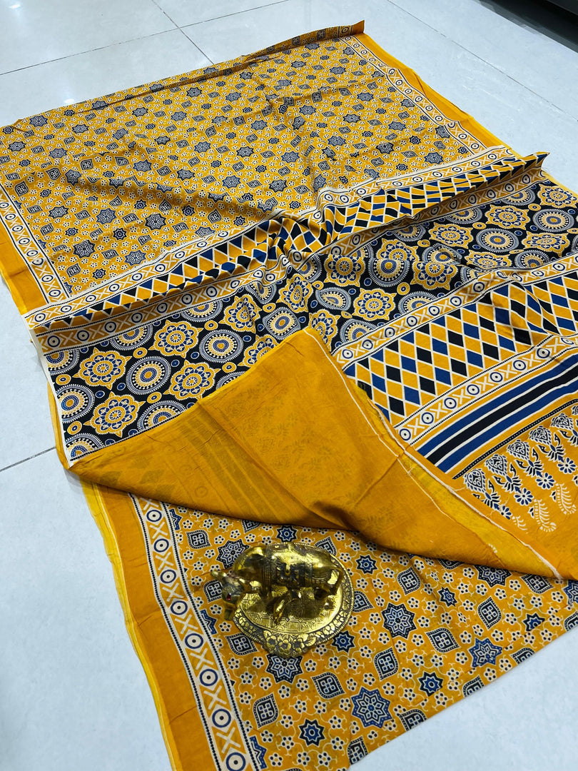 Ajrak Printed Cotton Mulmul Saree with Blouse Piece - Ethnic Indian Wear