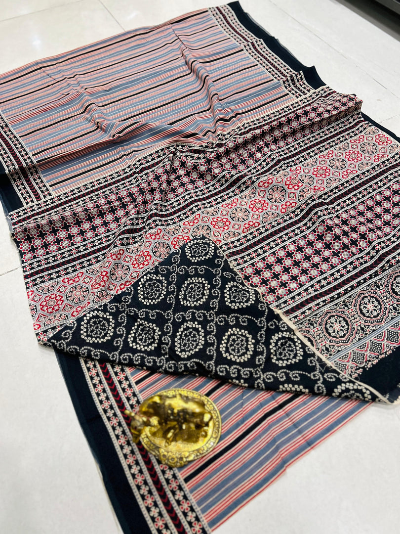 Ajrak Printed Cotton Mulmul Saree with Blouse Piece - Ethnic Indian Wear