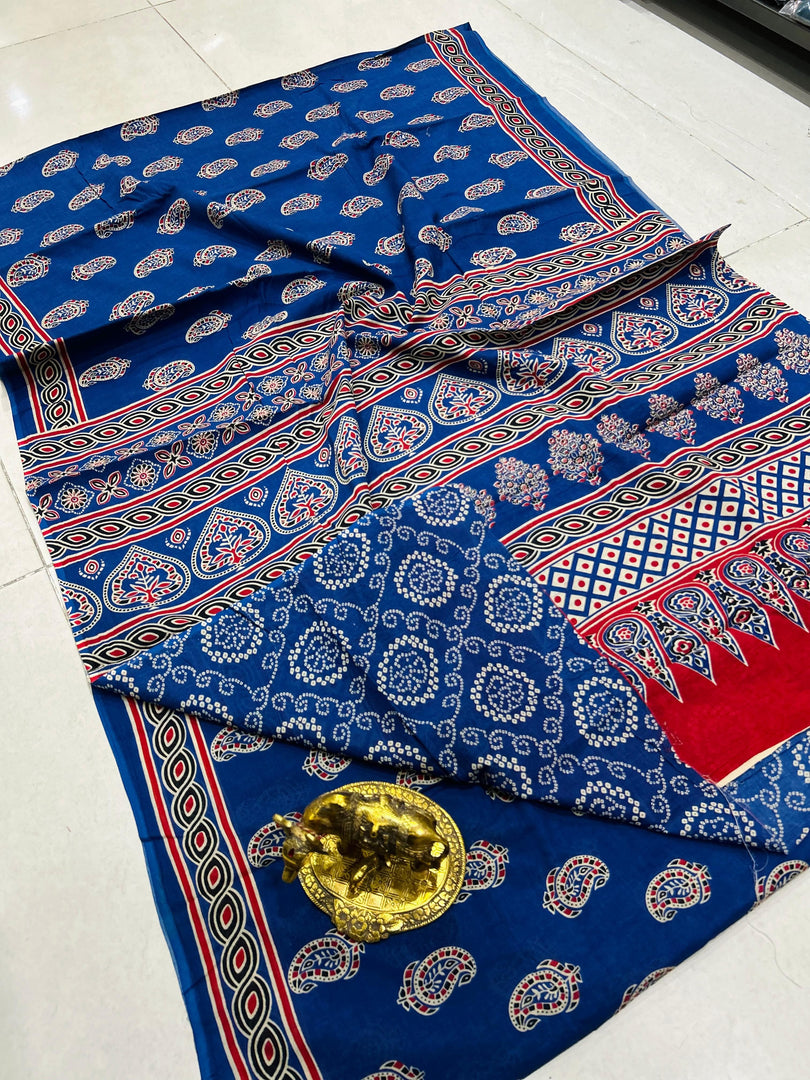 Ajrak Printed Cotton Mulmul Saree with Blouse Piece - Ethnic Indian Wear