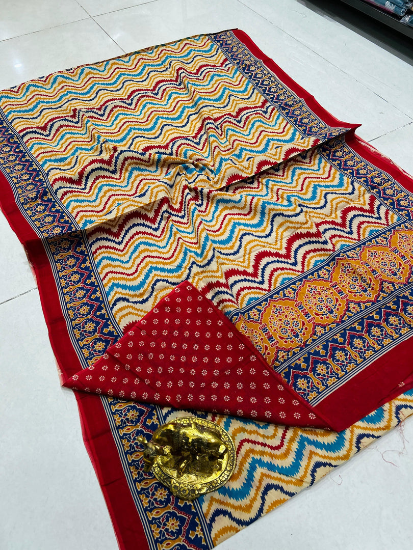 Ajrak Printed Cotton Mulmul Saree with Blouse Piece - Ethnic Indian Wear