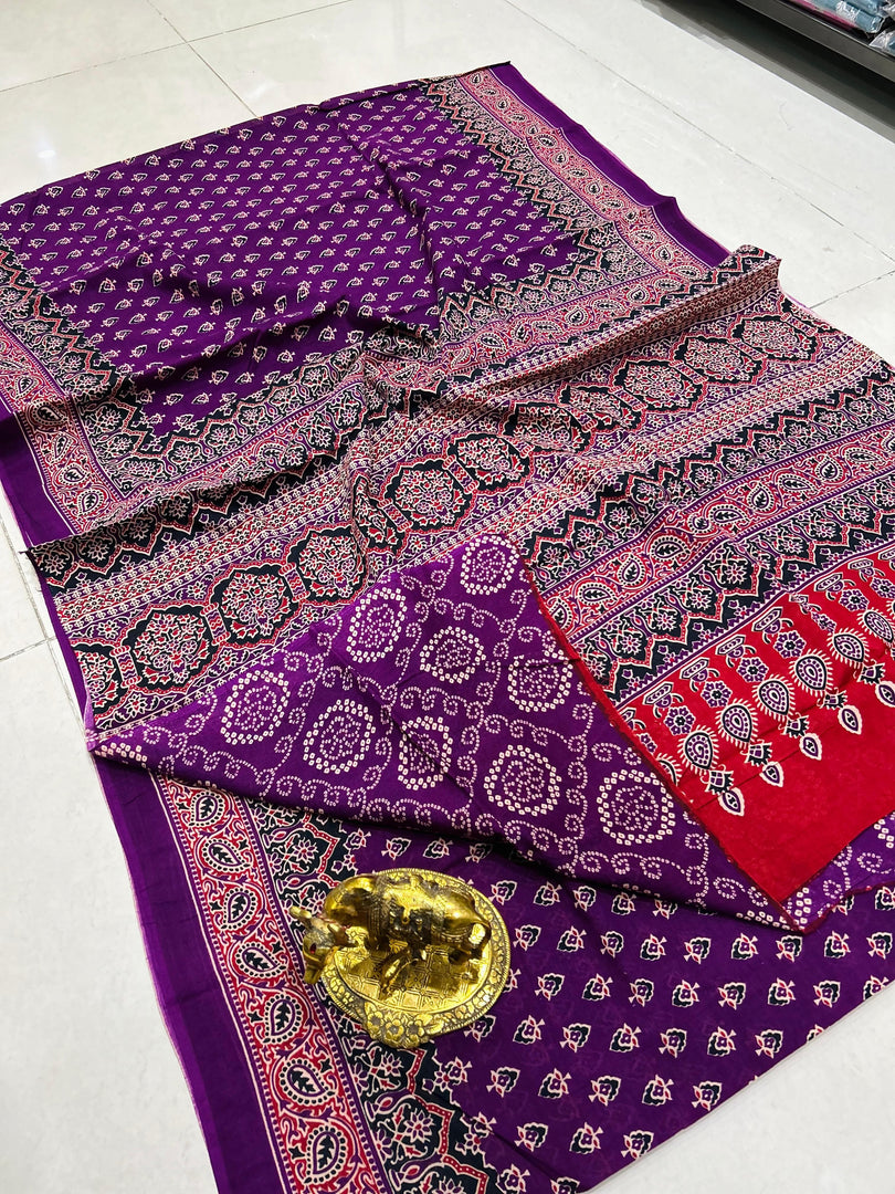 Ajrak Printed Cotton Mulmul Saree with Blouse Piece - Ethnic Indian Wear