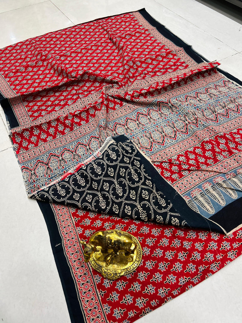 Ajrak Printed Cotton Mulmul Saree with Blouse Piece - Ethnic Indian Wear