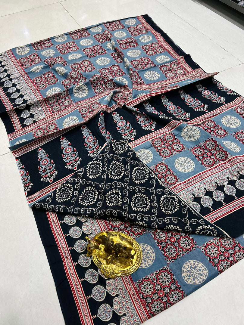 Ajrak Printed Cotton Mulmul Saree with Blouse Piece - Ethnic Indian Wear