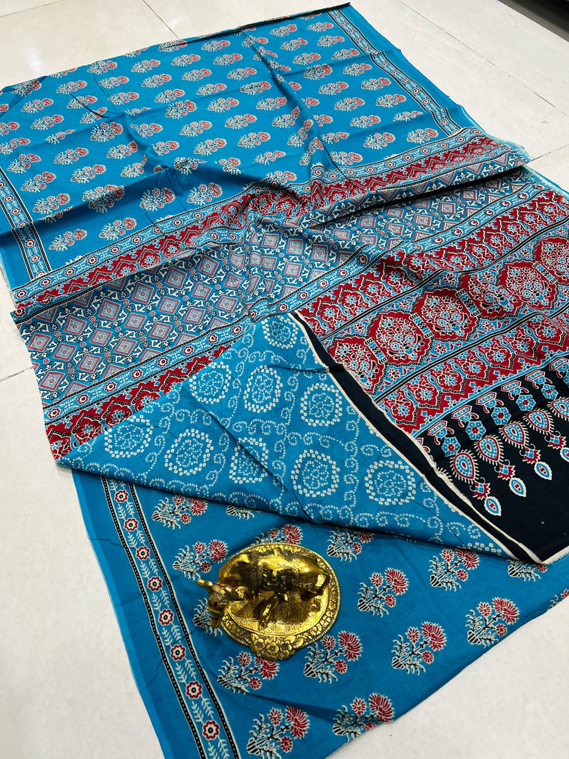 Ajrak Printed Cotton Mulmul Saree with Blouse Piece - Ethnic Indian Wear