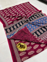 Load image into Gallery viewer, Ajrak Printed Cotton Mulmul Saree with Blouse Piece - Ethnic Indian Wear
