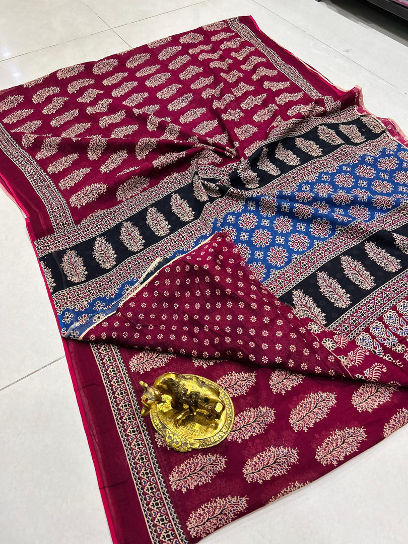 Ajrak Printed Cotton Mulmul Saree with Blouse Piece - Ethnic Indian Wear