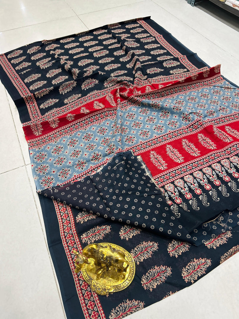 Ajrak Printed Cotton Mulmul Saree with Blouse Piece - Ethnic Indian Wear