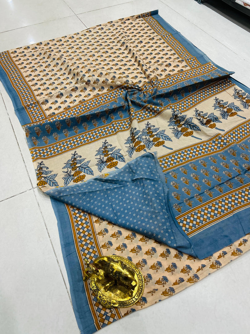 Ajrak Printed Cotton Mulmul Saree with Blouse Piece - Ethnic Indian Wear
