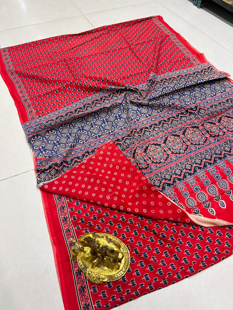 Ajrak Printed Cotton Mulmul Saree with Blouse Piece - Ethnic Indian Wear