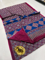 Load image into Gallery viewer, Ajrak Printed Cotton Mulmul Saree with Blouse Piece - Ethnic Indian Wear
