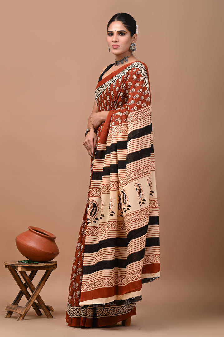 Mulmul Cotton Saree with Hand Block Print - Shivanya Handicrafts Women's Traditional Indian Wear