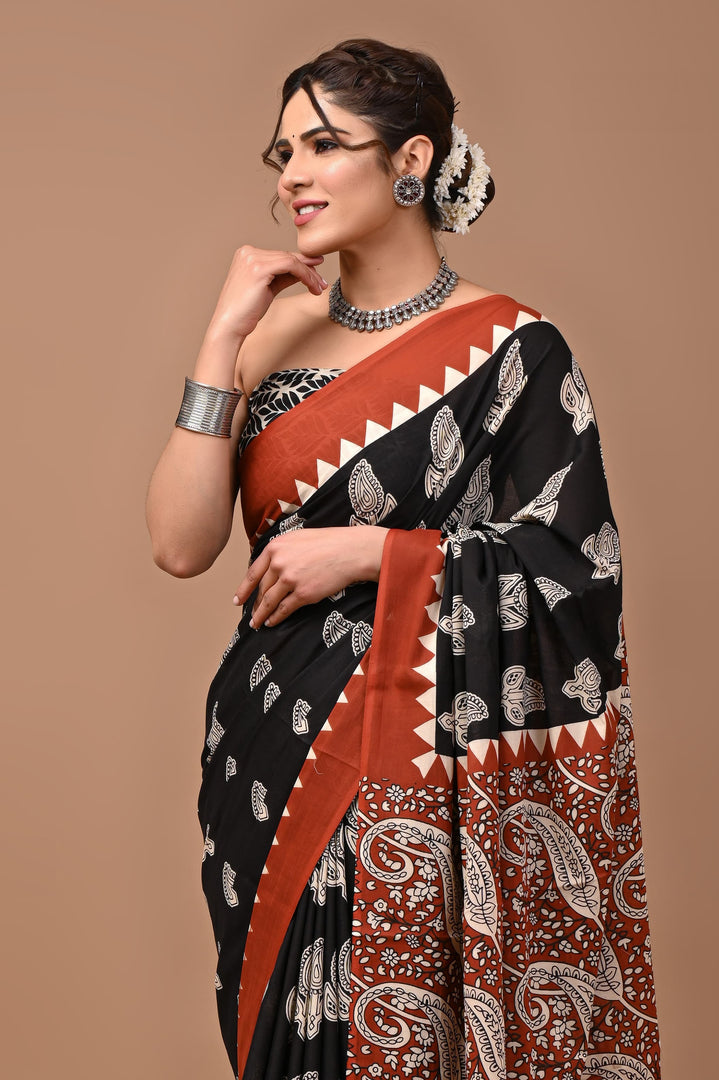 Mulmul Cotton Saree with Hand Block Print - Shivanya Handicrafts Women's Traditional Indian Wear